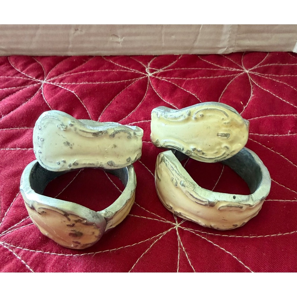 Vintage Shabby Chic Cream Enameled Napkin Rings Set of 4 Distressed Silver Tone